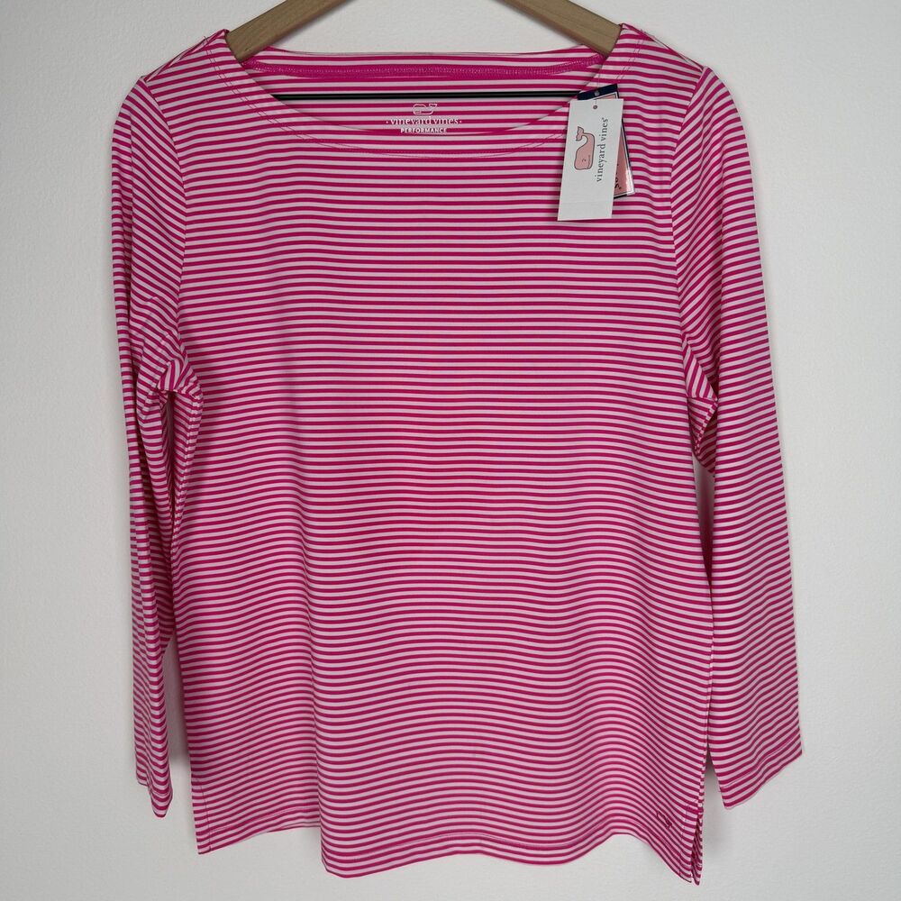 Vineyard Vines Shirt Womens Large Pink Stripe Performance Boat Neck 3/4 Sleeve